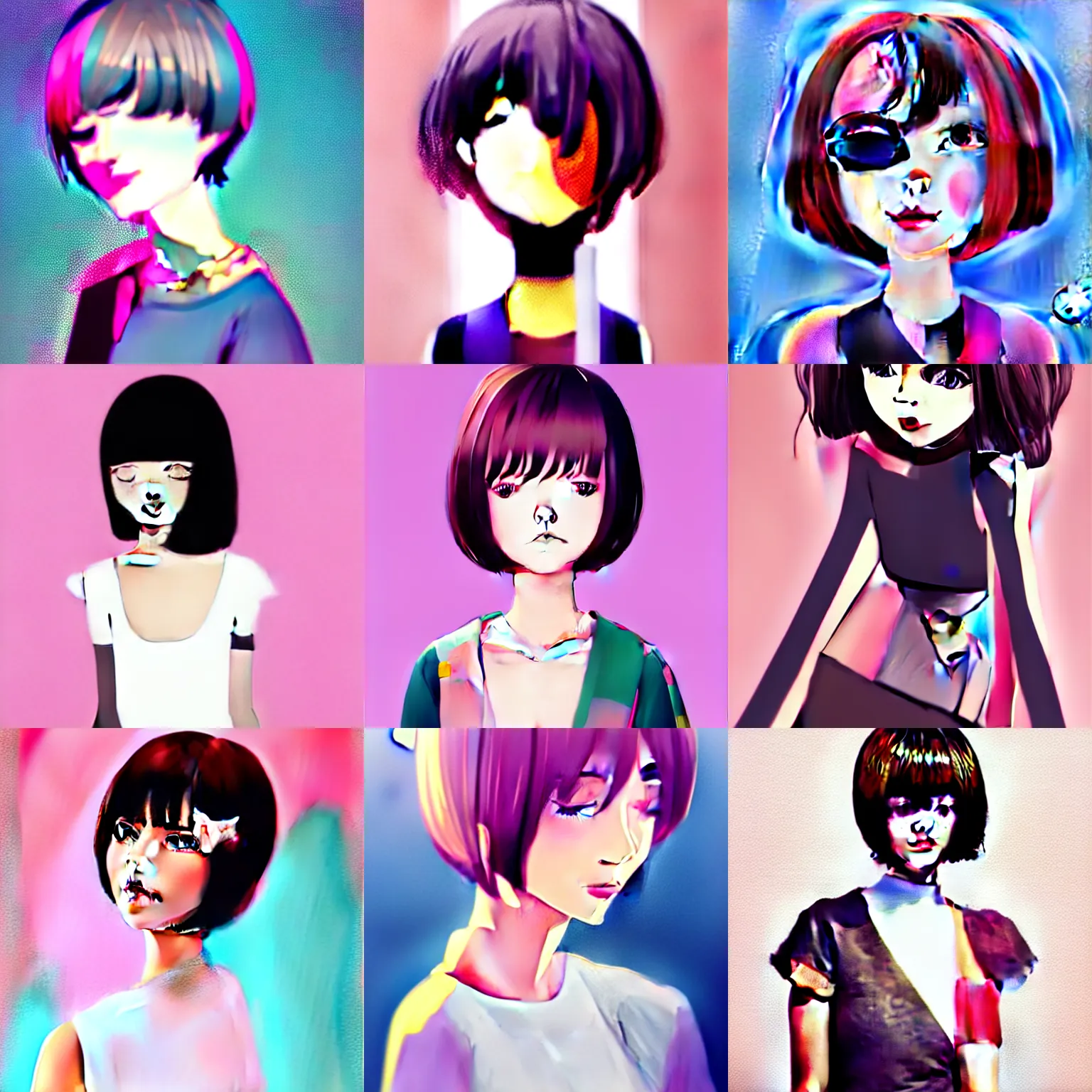 Prompt: urban girl fanart, brunette bob haircut, muted colors, matte print, pastel colors, ornate, digital art, cute smile, digital painting, fan art, elegant, pixiv, by Ilya Kuvshinov, by Studio Ghibli