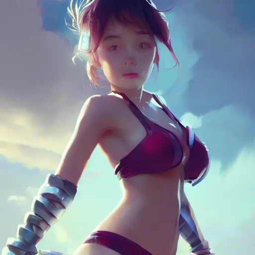 Image similar to kodak portra. by wlop, ilya kuvshinov, krenz cushart, greg rutkowski, trending on pixiv. zbrush sculpt, octane, maya, houdini, vfx. cute amazon woman wearing bikini armor. digital painting. cinematic dramatic atmosphere, sharp focus, volumetric lighting.