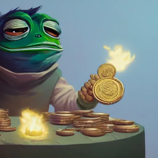 Image similar to super rich happy pepe, luxury, treasury, coins, money, hyper detalied, blue crystals, greg rutkowski, artstation