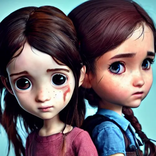 Image similar to Extremely cute and adorable 8k HD key visual of Ellie (The Last of Us) and Ariana Grande posing for the camera making an awesome pose, official media, designed by Mark Ryden and artgerm and Margaret Keane. The art style is quite chibi, with large heads and big wide eyes. 3D render diorama Macro photography