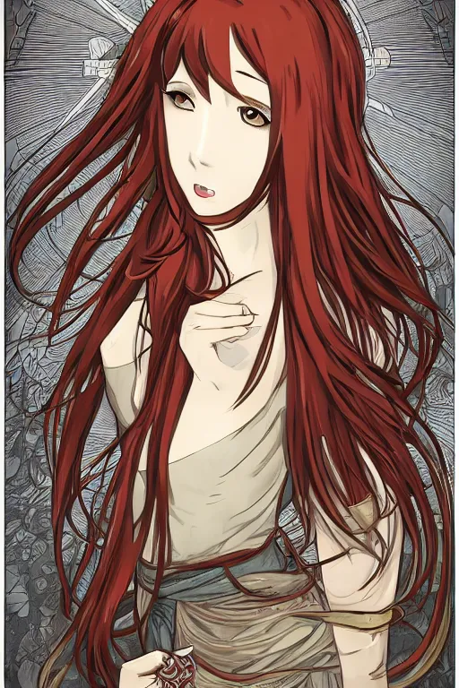 Image similar to Tonemapping Kurisu Makise in the style of Ayami Kojima and Alphonse Mucha