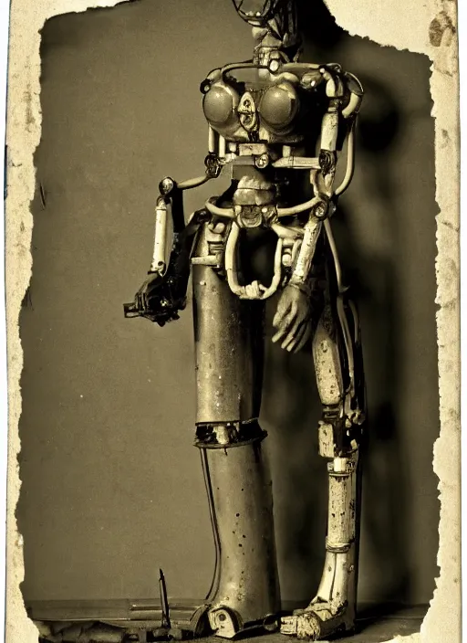 Prompt: 1 8 8 5 frontal photo of a steampowered riveted glados from portal 2, daguerrotype, high quality