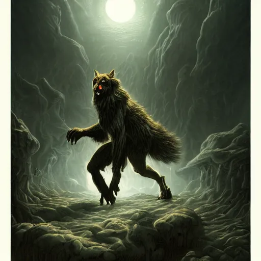 Prompt: Werewolf, Fantasy Illustration in the style of Mohrbacher, 4k masterpiece, Moody lighting with fog