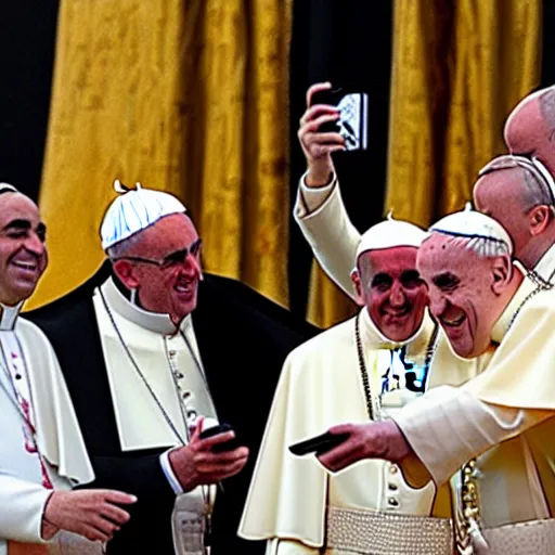 Image similar to Egyptian Gods taking a selfie with the pope , professional photograph 8000 BC