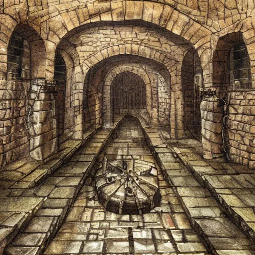 Image similar to A large dark Medieval dungeon, torture machines, stone walls and arches, wet floor, High definition, detailed,