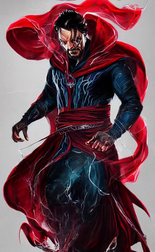 Image similar to venom as doctor strange, black and red suit, dynamic lighting, photorealistic fantasy concept art, trending on art station, stunning visuals, terrifying, creative, cinematic