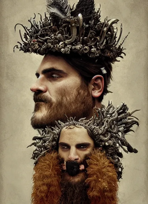 Image similar to a hyper detailed portrait of joaquin phoenix with a crown made of animals, cow horns, pig nose, sheep wool, chicken feather armor, horror, by anna podedworna, by miklos ligeti, by diego maricato, by taran fiddler, by antonino truisi, by chris reddie, by jinsung lim, trending on artstation