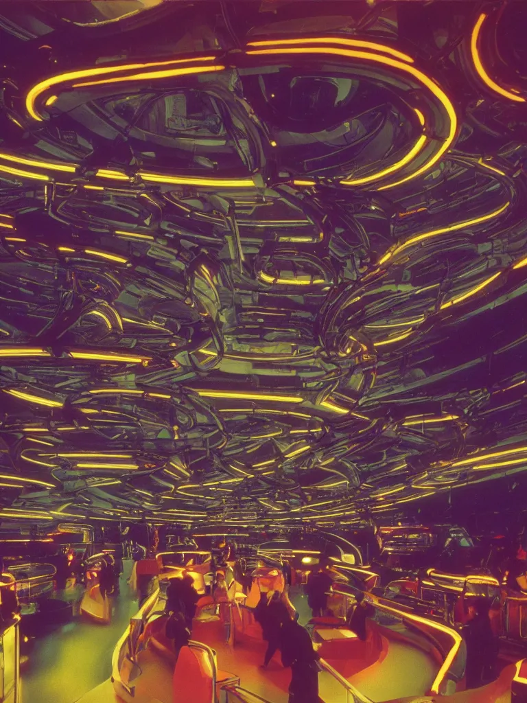 Image similar to kodachrome photo of futuristic interior of a busy spaceport on an alien world, neon lighting and spotlights, intricate film still by stanley kubrick. very coherent symmetrical photograph. cinematic, hyperrealistic, high detail