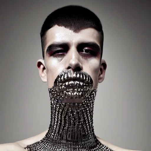 Prompt: a beautiful young mexican male wearing iris van herpen couture, photographed by erwin olaf