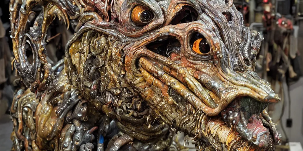 Prompt: photo taken of an epic intricate, ultra detailed, super realistic gritty, hero prop, exquisitely painted animatronic movie prop of a wet slimy grotesque nightmarish hellish avian creature displayed in the workshop, created by weta workshop, full body shot, photorealistic, sharp focus