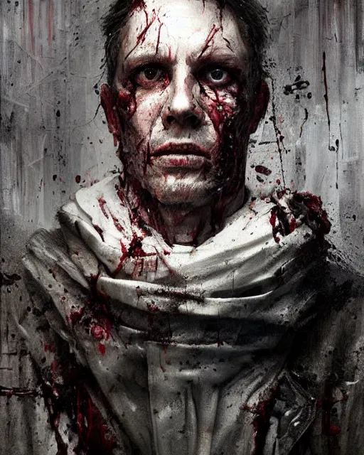 Image similar to A hyper realistic oil portrait of a man in his 40s dressed like a priest, torn clothes, covered in wounds, blood on clothes, by Greg Rutkowski, creepy atmosphere, gloomy lighting, trending on artstation