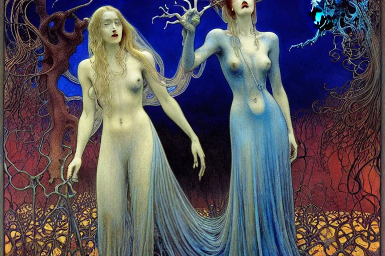 Image similar to realistic detailed portrait painting of a beautiful ghost woman with a male zombie, nightly graveyard landscape background by Jean Delville, Amano, Yves Tanguy, Alphonse Mucha, Ernst Haeckel, Edward Robert Hughes, Roger Dean, masterpiece, cinematic composition, dramatic pose, 4k details, rich moody colours, blue eyes