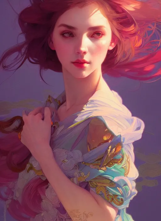 Image similar to portrait of an egirl, colorful, elegant, highly detailed, digital painting, artstation, concept art, smooth, sharp focus, illustration, art by artgerm and greg rutkowski and alphonse mucha