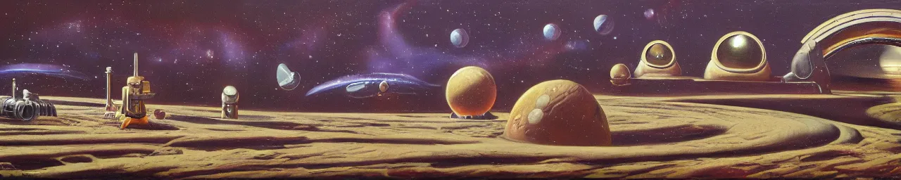 Image similar to retro sci-fi oil painting of an alien landscape with a busy spaceport