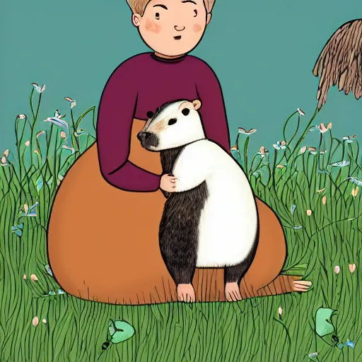 Image similar to badger lovingly hugging a capybara, children's book illustration