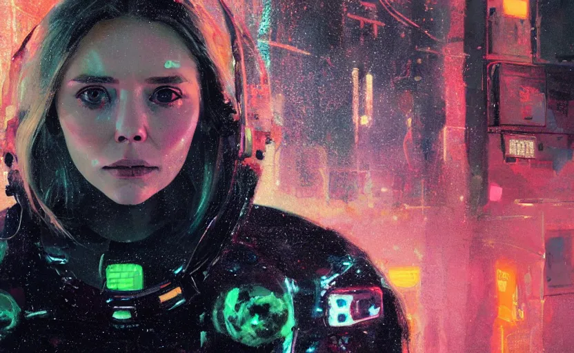 Prompt: detailed film still of portrait neon operator elizabeth olsen in the movie 2 0 0 1 space odyssey, messy ponytail, cyberpunk futuristic, neon, reflective puffy coat, decorated with traditional japanese by ismail inceoglu dragan bibin hans thoma greg rutkowski alexandros pyromallis nekro, illustrated, perfect face, fine details, realistic shaded, fine - face, pretty face