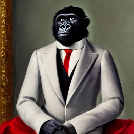 Prompt: a gorilla wearing a nice white tuxedo wearing a red tie looking at the camera is a seductive manner, neoclassicism, 8 k, clear, coherent,