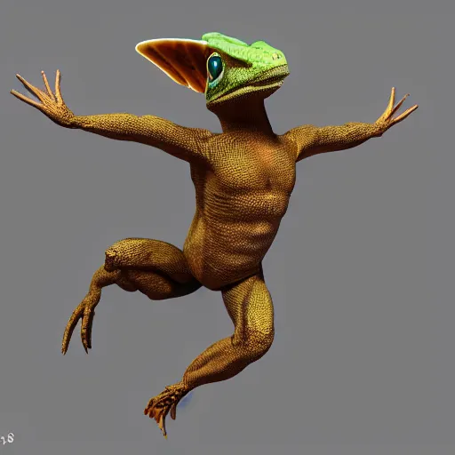 Prompt: 3D render on a lizard man super hero catching a fly