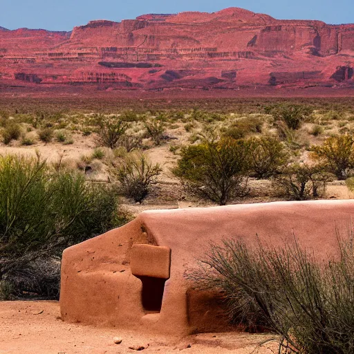 Image similar to on top a wide mesa sits a village of mud and bricks houses, adobe houses, in the arizona desert. Trending on 500px