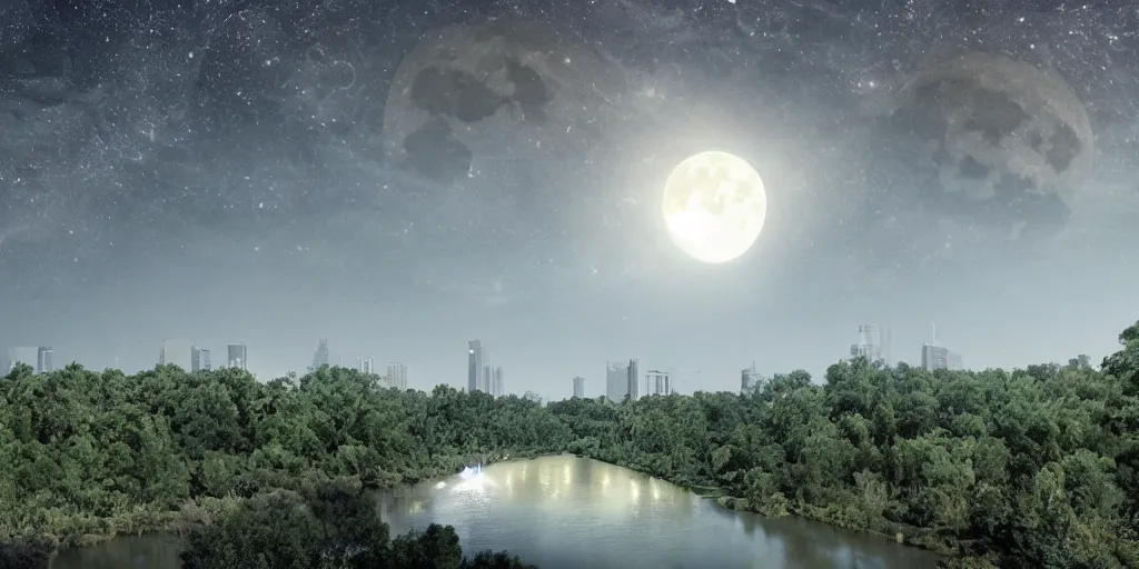 Image similar to a city on the moon with trees. river in the foreground. ocean in on the right. half lit earth in the sky from moon. moon mountains in the background