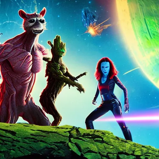 Prompt: laser war between funny creatures on a planet, digital art, guardians of the galaxy style, centred award winning 4K