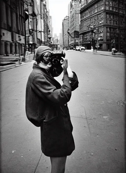 Image similar to street photography selfie with a camera by vivian maier. professional photography.