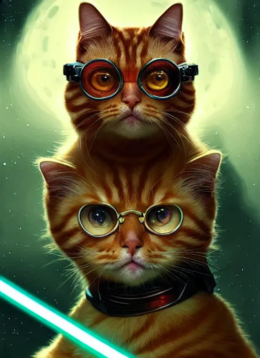 Prompt: ginger cat with green round glasses and star wars helmet, star wars, beautiful glowing lights, sci - fi, stunning, intricate, elegant. highly detailed, digital painting. artstation. smooth. sharp focus. illustration. art by artgerm and greg rutkowski and alphonse mucha