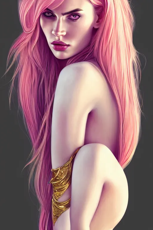 Image similar to Portrait of a beautiful pale skin Nordic female megan fox with long pink hair, elegant, photorealistic, highly detailed, artstation, smooth, sharp focus, gold ornaments, neon lighting, sci-fi, art by Klimt