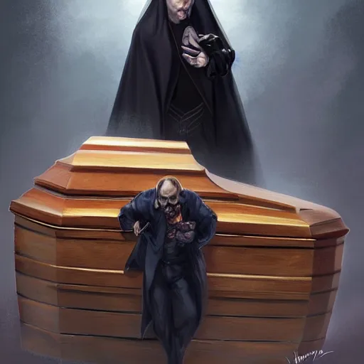 Prompt: putin on the coffin, death, funeral, portrait, highly detailed, full body, digital painting, trending on artstation, concept art, sharp focus, illustration, art by artgerm and greg rutkowski and magali villeneuve