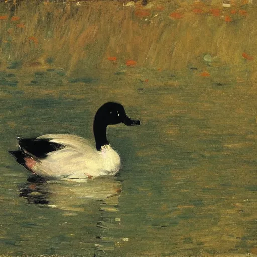 Prompt: a duck on the prowl oil painting william merritt chase