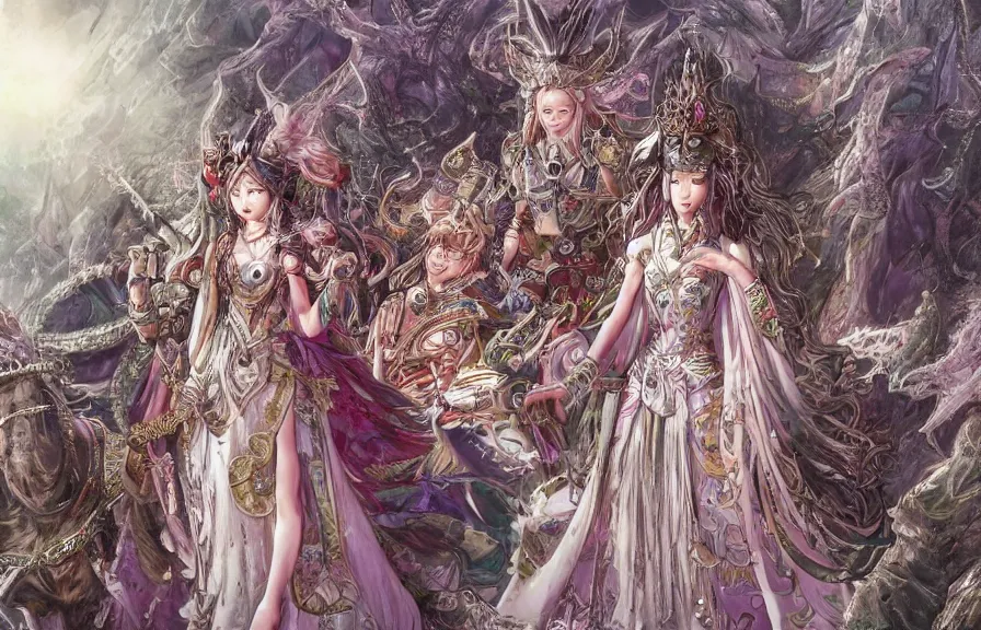 Image similar to an concept art of the korean queen surrounded by magic guards, long hair, makeup, intricate details, detailed face, detailed short dress, one central character, artstation, epic pose, colourful light, by kentaro miura and masanoriwarugai