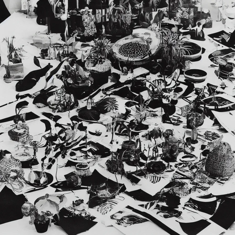 Image similar to A black and white photography of an exhibition space with objects of Sun Ra, Marcel Duchamp and tropical plants, 60s, offset lithography print, close up shot