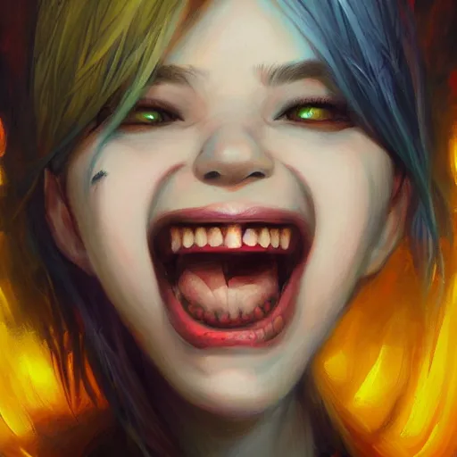 Prompt: a schizophrenic person laughing likes a psycho, by ross tran, oil on canvas