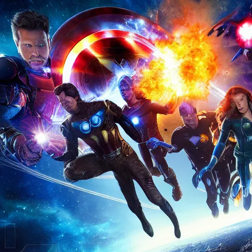 Image similar to the avengers battle one eldritch garfield in space, galaxy, hd, 8 k, explosions, gunfire, lasers, giant, epic, colorful, realistic photo, unreal engine, stars, prophecy, powerful, cinematic lighting, destroyed planet, debris, justice league, movie poster, violent, sinister, ray tracing, dynamic, print, epic composition, dark, moody