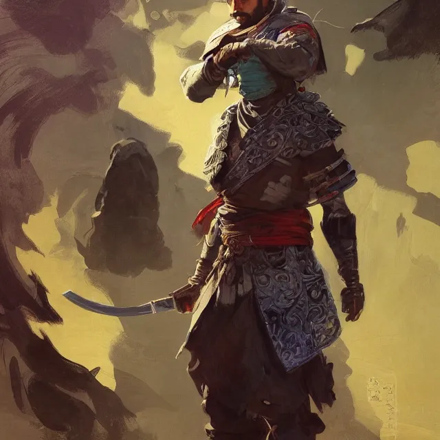 Image similar to farzain majeed as a shinobi warrior, portrait, elegant, intricate, digital painting, artstation, concept art, smooth, sharp focus, illustration, art by konstantin korovin and daniel f. gerhartz and john howe