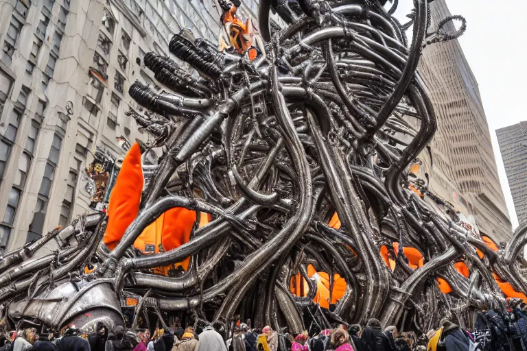 Image similar to photo of giant parade float designed by hr giger in the macys thanksgiving parade, detailed 4 k photo