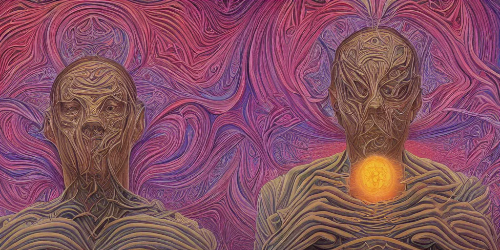 Image similar to theologue by alex grey in the style of surrealism, intricate, elegant, highly detailed, digital painting, trending on artstation, concept art, sharp focus, by rene magritte, moebius, wide shot