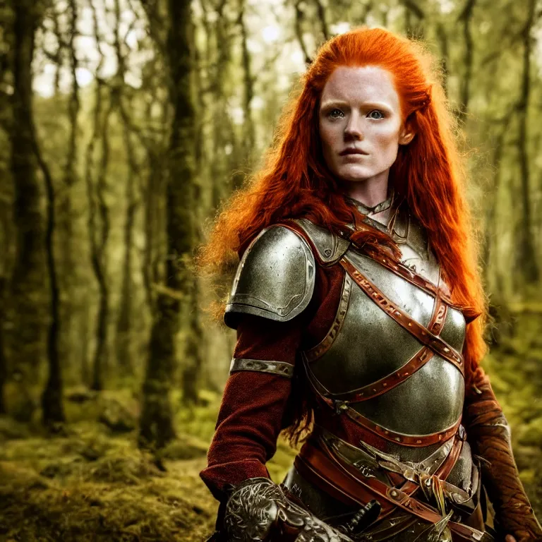 Image similar to 5 5 mm portrait photo of an armored handsome well - built female warrior, red hair, ginger hair, in a magical forest in the style of lord of the rings, highly detailed 8 k. intricate. lifelike. soft light. nikon d 8 5 0. cinematic post - processing