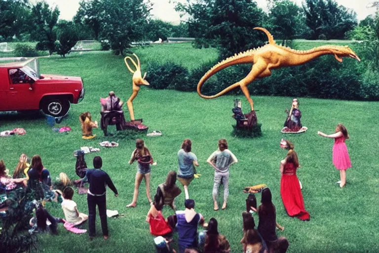 Prompt: full - color 1 9 7 0 photo of : view from a back porch of a lawn with a giant doing cartwheels, a statue wearing high - heels, happy creatures dancing, a dinosaur - victrola, tambourines and elephants playing in the band, a magician summoning a wondrous apparition, and people riding on a flying spoon.