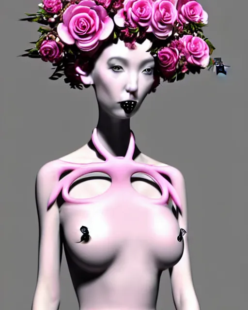 Image similar to dreamy surreal poetic pinky 3D render of a beautiful young porcelain female-creature-cyborg-vegetal with a very long neck and a super big gothic web lace collar filled with small dead flies and a very high big floral crown with many black dry roses:: smoke, high fashion, haute couture, rococo, avant-garde, elegant, dreamy, hyper realistic, 150 mm lens, soft rim light, octane render, unreal engine, volumetric lighting, dramatic light,8k,