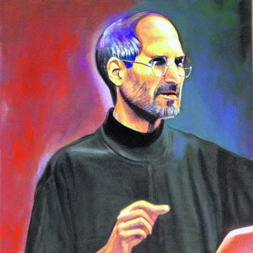 Image similar to impressionist painting of president steve jobs giving a speech