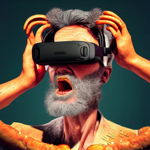 Image similar to Colour Photography of 1000 years old man with highly detailed 1000 years old face wearing higly detailed cyberpunk VR Headset designed by Josan Gonzalez. Man eating higly detailed hot-dog. In style of Josan Gonzalez and Johannes Vermeer and Mike Winkelmann and Caspar David Friedrich. Rendered in Blender