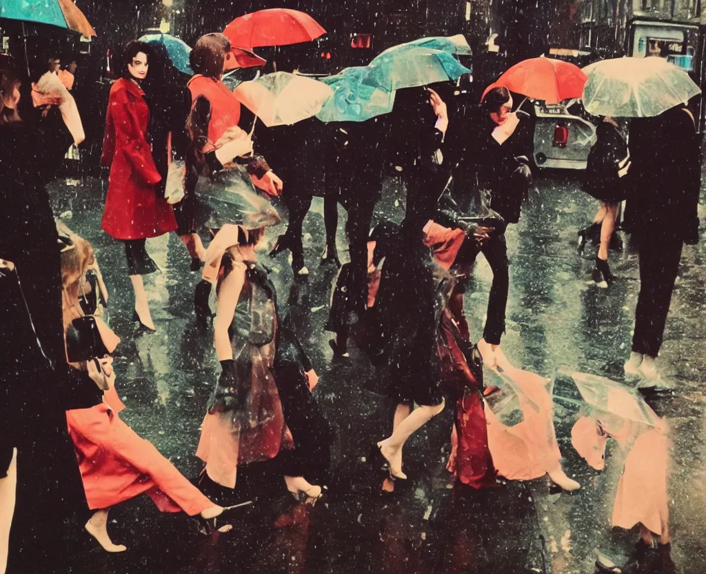 Image similar to 1960s fashion photography on the streets of London photographed by Annie Leibovitz, flash photography, holga, raining!, nighttime, colorful, photorealistic, atmospheric,