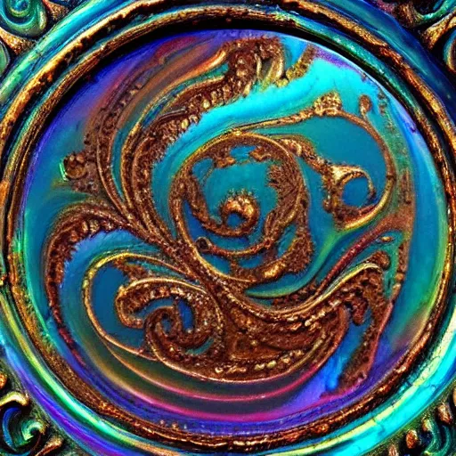 Image similar to Art Nouveau cresting oil slick waves, hyperdetailed bubbles in a shiny iridescent oil slick wave, ornate copper patina medieval ornament, rococo, baroque spirals