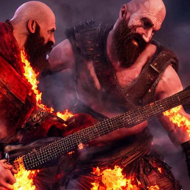 Image similar to kratos rocking out on a flaming stratocaster guitar, cinematic render, god of war 2 0 1 8, playstation studios official media