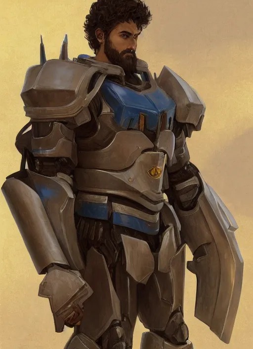 Image similar to medium-length portrait of a male paladin with short curly hair and a dark beard, dark brown skin, happy expression, wears a suit of power armor, gundam, medieval setting, highly detailed, digital painting, artstation, concept art, sharp focus, illustration, art by greg rutkowski and alphonse mucha
