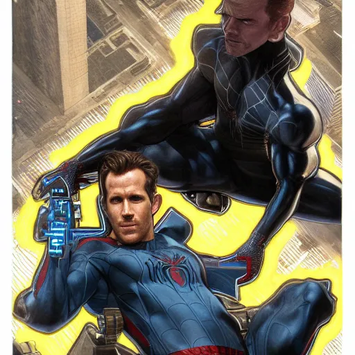 Image similar to ryan reynolds as a black and blue suit spider - man, cinematic, volumetric lighting, f 8 aperture, cinematic eastman 5 3 8 4 film, photorealistic by greg rutkowski, by stanley artgerm, by alphonse mucha