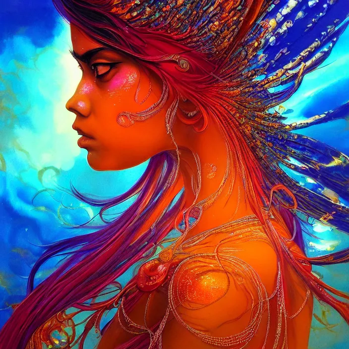 Image similar to ultra detailed stunning digital painting of a angry indian anime girl, skin made out of chrome, covered in a sea of iridescent liquid, lost in a dreamy oriental realm by Karol Bak, Moebius, hiroshi yoshida, Druillet, xsullo, colorful, front view, vivid colors, 8k, coherent, anime vibes, uplifting, magical composition, artstation, synthwave, 8k, coherent, artgerm, uplifting, unreal engine, magical composition, artstation