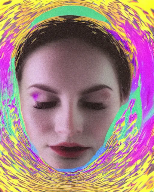 Prompt: oversaturated, burned, light leak, expired film, photo of a woman's serene face submerged in a flowery milkbath, rippling liquid, vintage glow, sun rays, black and white, glitched pattern, 1 9 9 0 s magazine ad