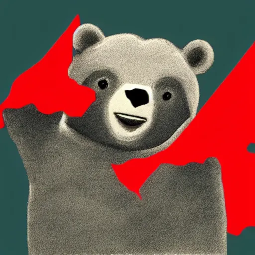 Prompt: a portrait of a socialist bear in a uniform waving a red flag
